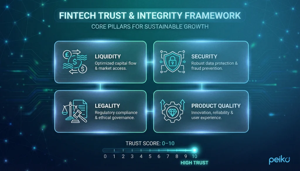 Crypto exchange ranking infographic with four factors-liquidity, security, legality, and product quality-combined into a 0-10 trust score
