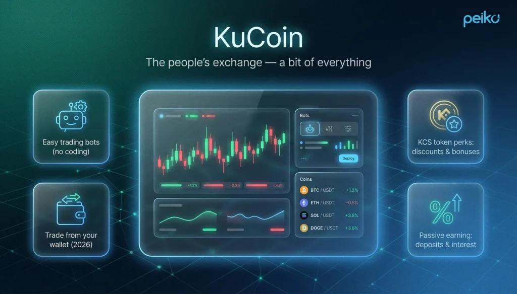  KuCoin exchange infographic showing beginner-friendly trading bots without coding, KCS token discounts and bonuses, 2026 trade-from-wallet feature for added security, and passive earning via deposits with interest