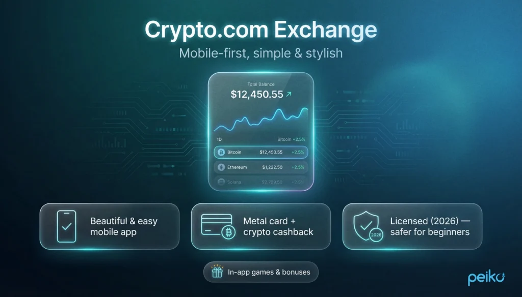 Crypto.com Exchange infographic highlighting a simple mobile-first app, metal card crypto cashback on everyday spending, 2026 licensing for safer beginner use, and in-app games with bonus rewards