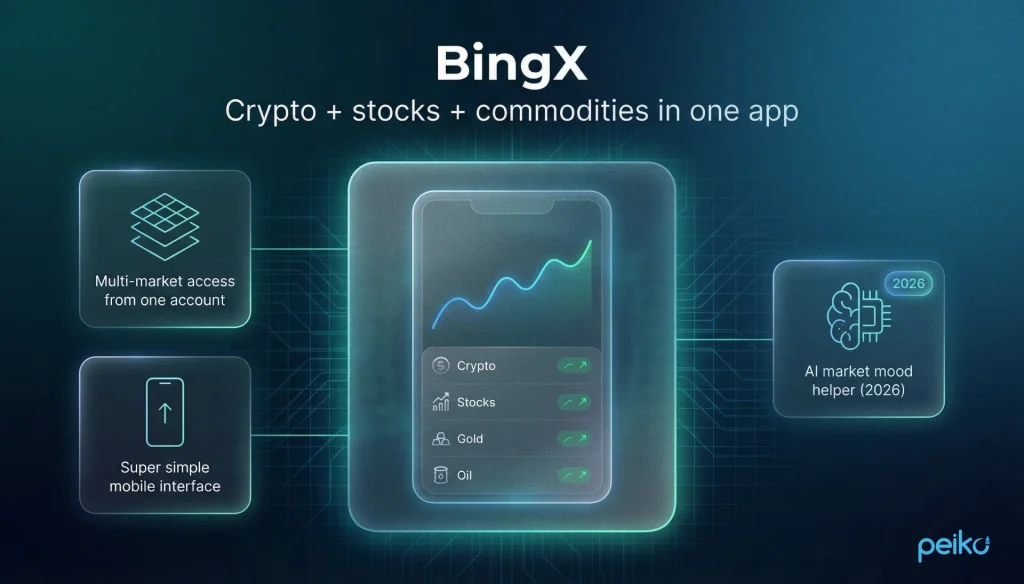  BingX trading app infographic featuring access to crypto plus stocks and commodities from one account, a simple mobile interface, and a 2026 AI assistant that summarizes market sentiment from news and charts