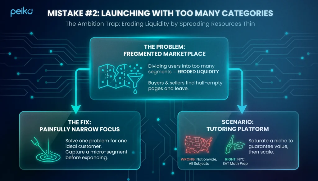 Mistake 2 marketplace infographic showing launching with too many categories, the ambition trap that erodes liquidity by spreading resources thin, the problem of a fragmented marketplace with eroded liquidity, the fix to painfully narrow focus and capture a micro-segment, and a tutoring platform scenario with wrong vs right niche examples