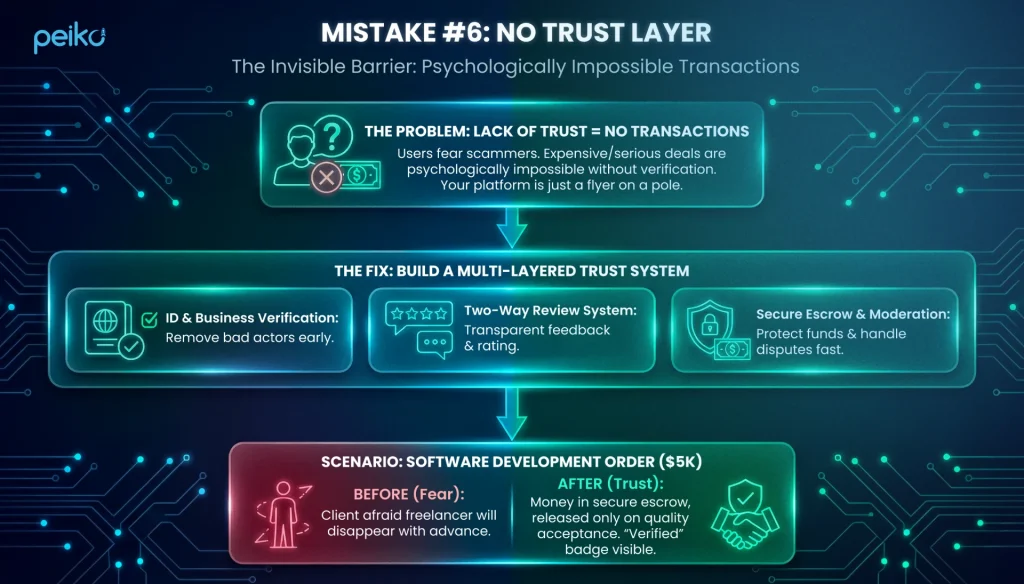 Mistake 4 marketplace infographic showing weak positioning and a blurred use position, with clear templates for buyers and sellers, CTA-driven buyer and seller actions, and the fix of a dual positioning strategy using separate landing pages and focused benefits