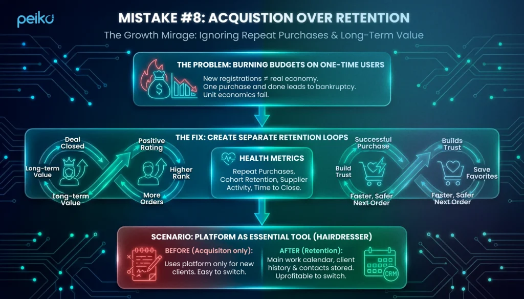 Mistake 8 marketplace infographic showing acquisition over retention as a growth mirage, the problem of burning budgets on one-time users, the fix to create separate retention loops using health metrics like repeat purchases and cohort retention, and a platform scenario before vs after retention where the tool becomes essential and harder to switch from