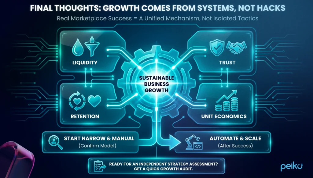 Alt: Final thoughts marketplace infographic showing growth comes from systems not hacks, with sustainable business growth at the center connected to liquidity, trust, retention, and unit economics, plus guidance to start narrow and manual to confirm the model, then automate and scale after success