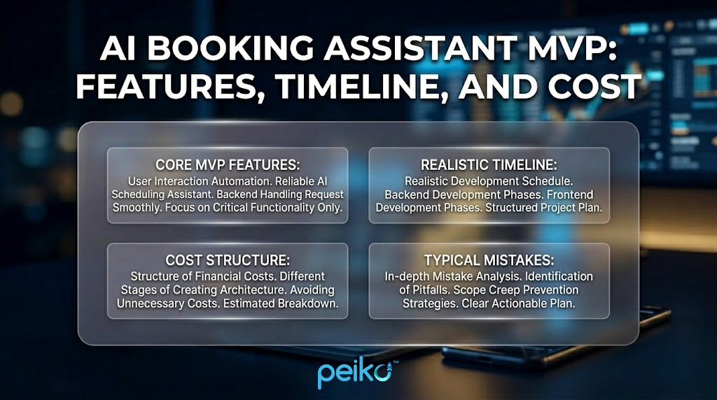 AI booking assistant roadmap infographic showing core MVP functions, backend/frontend development timeline, cost structure across stages, and error analysis to avoid common implementation mistakes