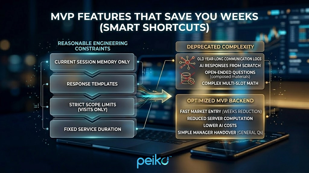 AI booking assistant MVP infographic comparing initial product stage features like basic chat, session context, fixed services, and simple confirmations with post-launch upgrades such as omnichannel communication, personalization, dynamic services, and advanced transactions
