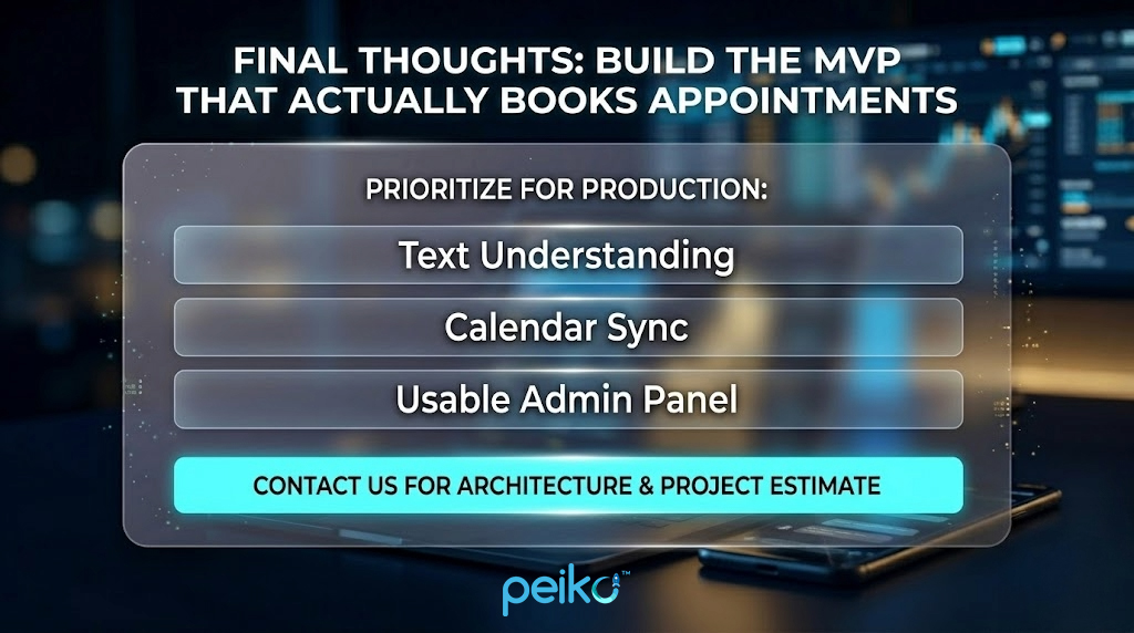 Final thoughts infographic on AI booking assistant emphasizing successful booking flow, including text understanding, reliable calendar synchronization, and usable admin panel while postponing advanced analytics and voice features